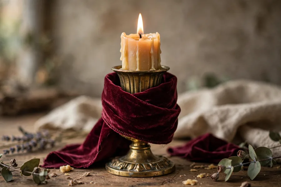 Burgundy velvet collar around a candle holder