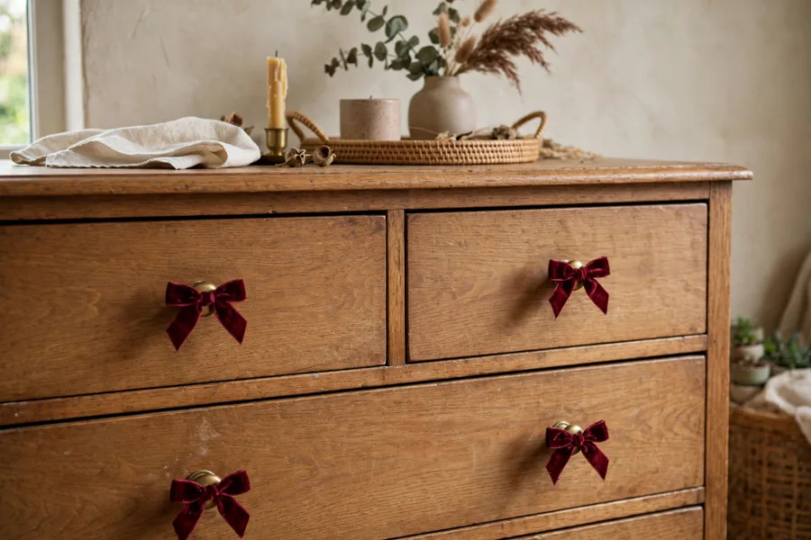 Small burgundy velvet bows on dresser knobs