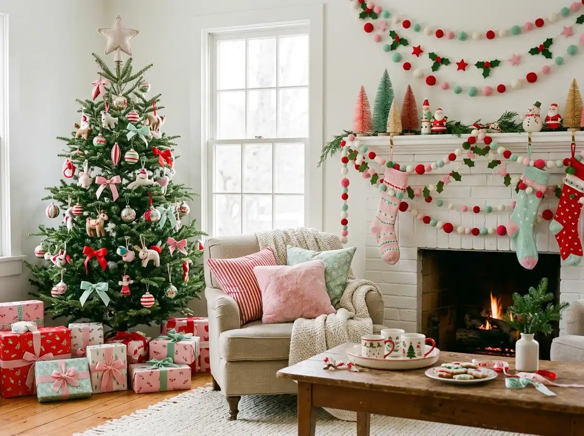 Whimsical Christmas living room in a candy palette with felt garlands