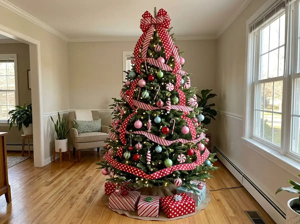 Christmas tree with polka-dot ribbons and candy-colored baubles