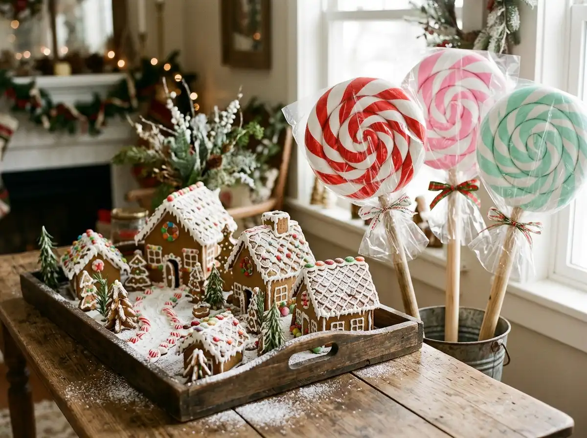 Gingerbread village on a tray with oversized lollipop decorations