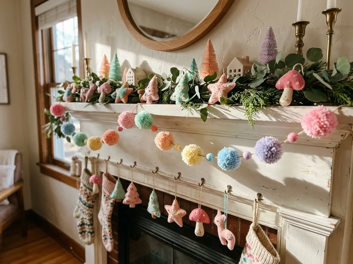 Mantel with felt ornaments and a handmade pom-pom garland