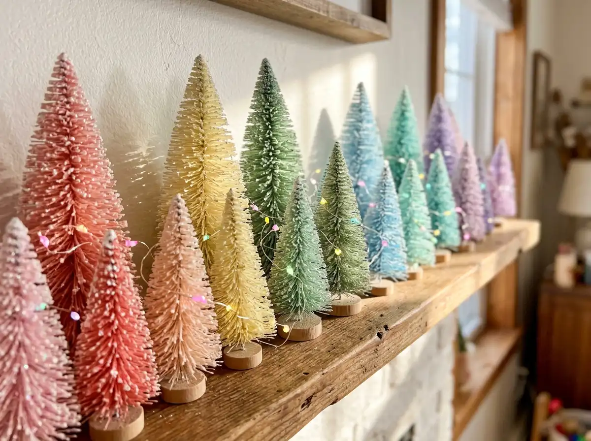 Pastel rainbow mini trees in a row with candy-colored string lights