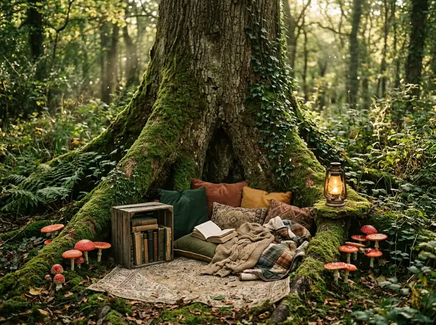 Toadstool woodland reading corner with mushroom decorations