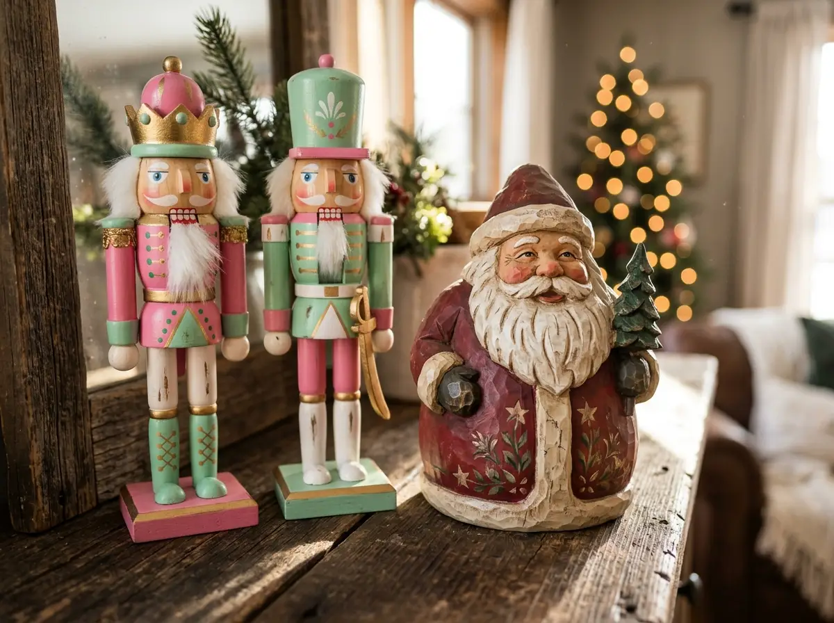 Candy-color painted nutcrackers with a smiling folk-style Santa
