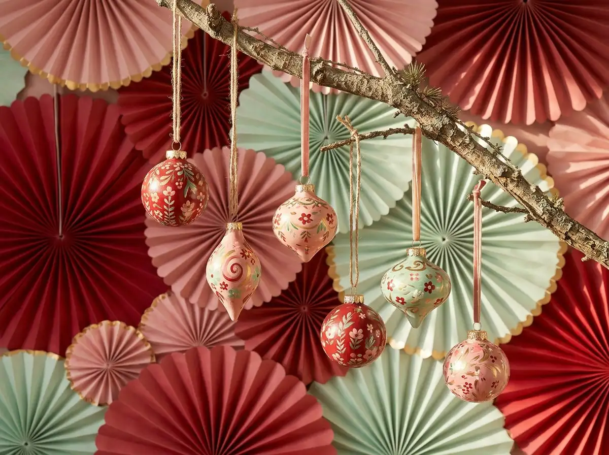 Hand-painted baubles with paper fans and rosettes on the wall