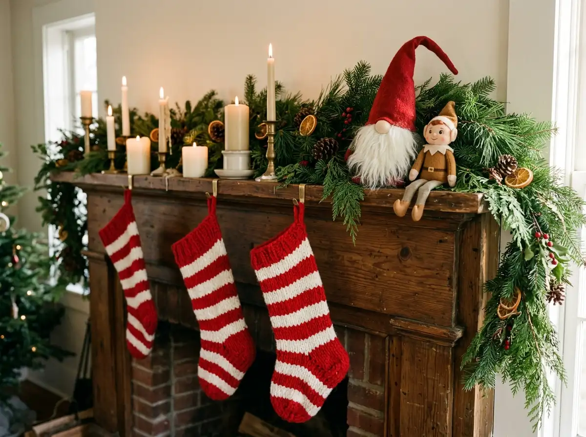Striped Christmas stockings on a mantel with elf and gnome figures