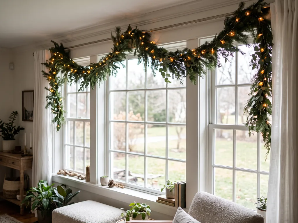 Windows dressed with garland and string lights along the top