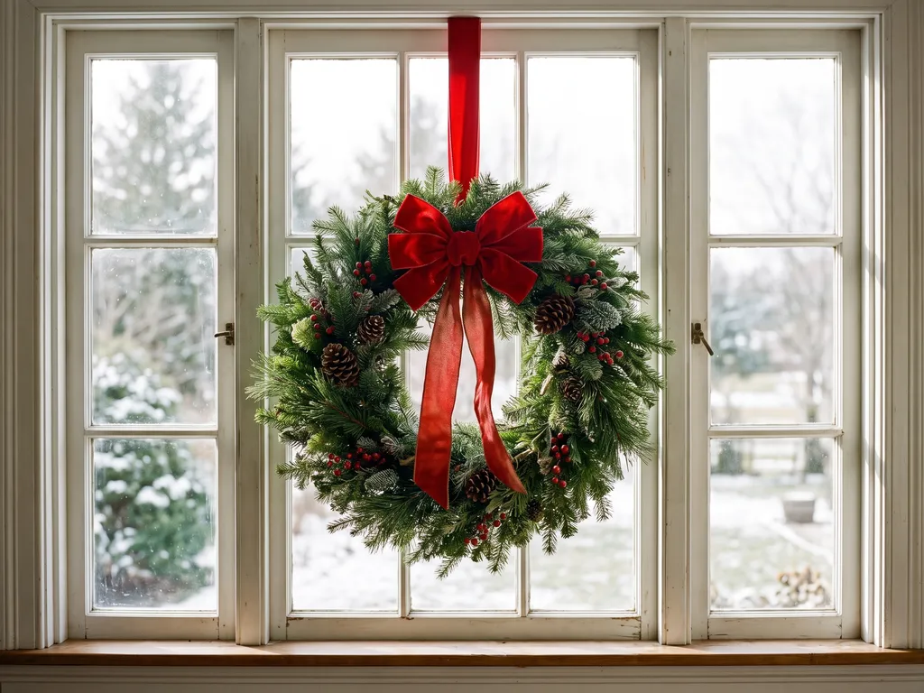 Christmas wreath with a red bow hanging in a window