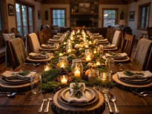 Woodland Thanksgiving tablescape with a moss runner, pinecones, evergreen sprigs and glowing candles down the centre of the table