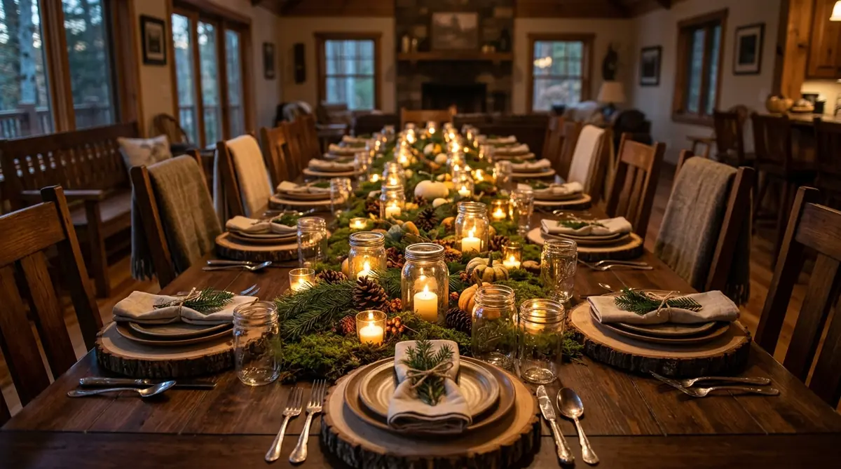 Woodland Thanksgiving tablescape with a moss runner, pinecones, evergreen sprigs and glowing candles down the centre of the table