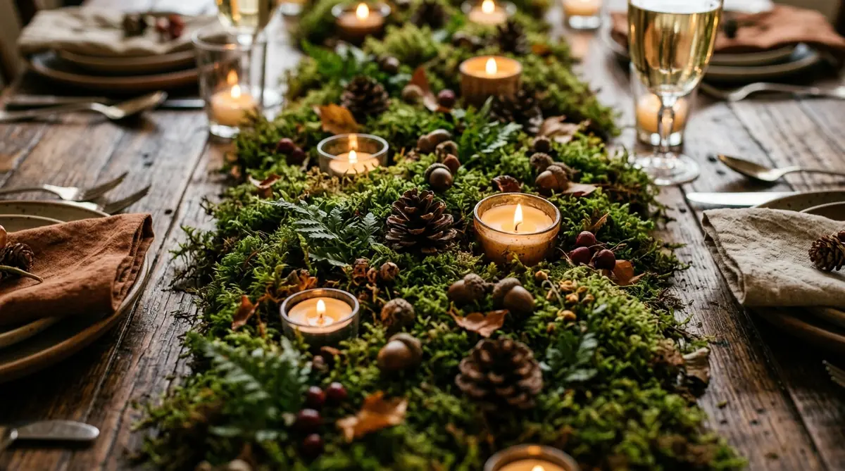 Sheet moss runner with pinecones, acorns and small candles nestled into it as a woodland table centrepiece base