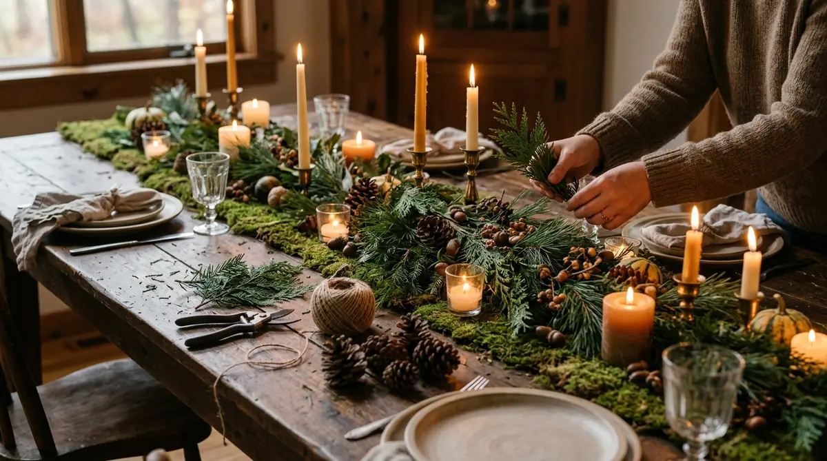 Evergreen sprigs forming a green spine over a moss runner with candles