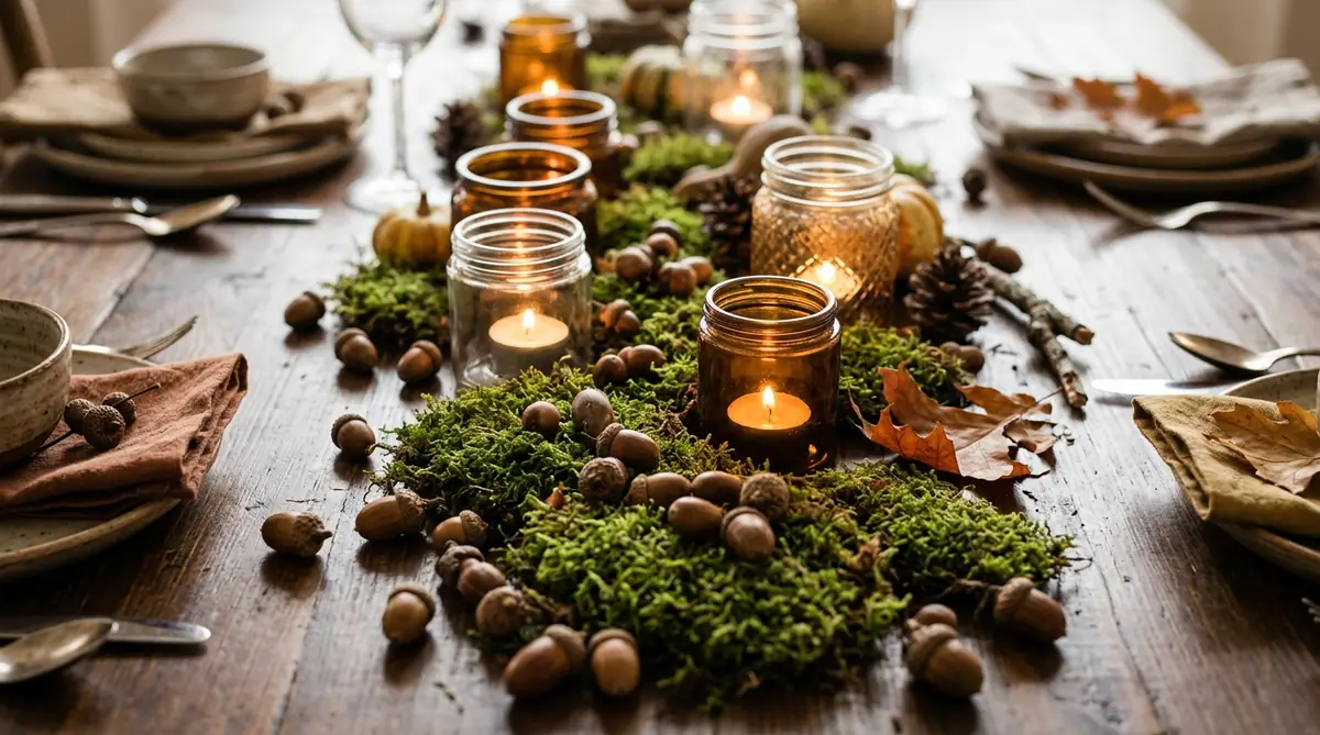 Acorns scattered over moss around candle jars as woodland table decor