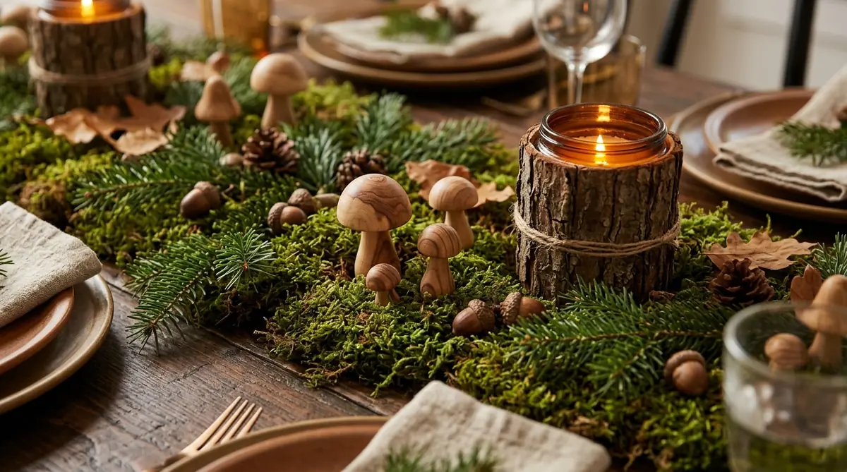 Small mushroom accents nestled into moss and evergreen beside a glowing bark-wrapped candle jar