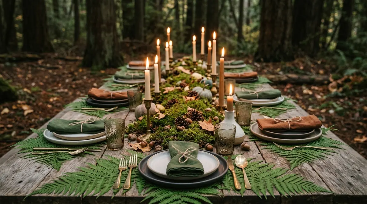 Fern fronds tucked beneath plates on a forest Thanksgiving table