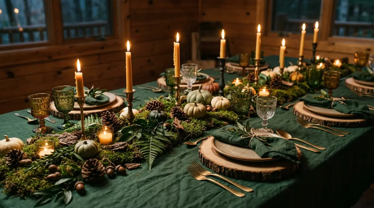Forest-green linen under a moss runner on a woodland Thanksgiving table with wood slice chargers