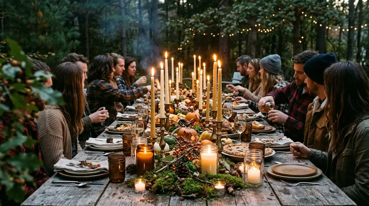 Layered candlelight at three heights glowing through a woodland Thanksgiving tablescape