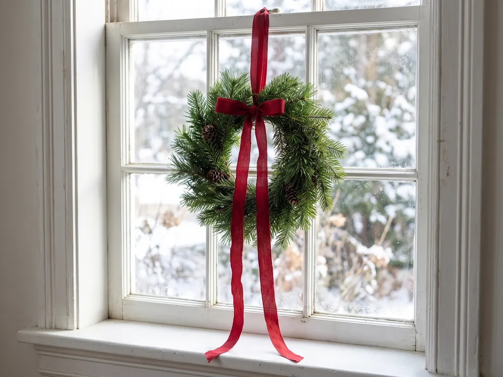 Small wreath with red ribbons hanging on a window